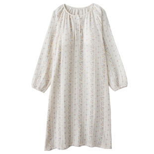 樱桃兔纯棉双层纱布碎花睡裙女夏季薄款带胸垫圆领家居服长袖睡衣