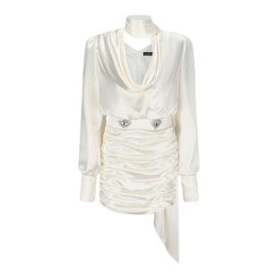 [甄选3折]NanaJacqueline飘带荡领连衣裙女灯笼袖绕脖钻扣衬衫裙