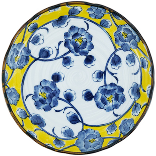 日本进口有古窑黄彩牡丹米饭碗汤碗高脚碗家用陶瓷餐具平盘菜盘