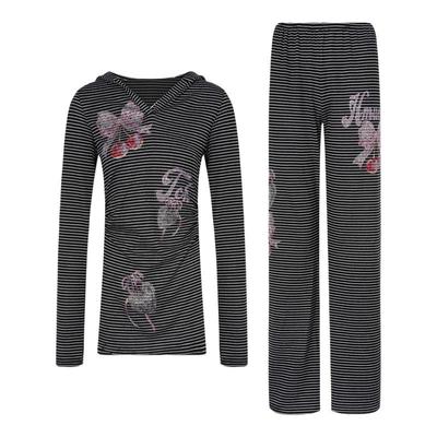 TCH私服烫钻收腰显瘦连帽长袖T恤直筒休闲裤条纹套装T75C07E1012