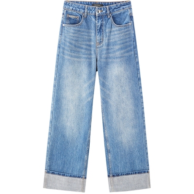 太平鸟女装秋季翻脚口直筒牛仔裤女牛仔裤A1HAE3428