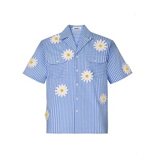 町菊 时尚蓝色格纹立体花装饰短袖衬衫 山谷少年原创男装设计