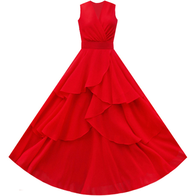 红色V领不规则燕尾大摆度假长裙