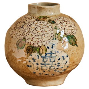 梵悦 景德镇原创复古水培陶瓷花瓶手绘喜字小陶罐客厅鲜花插花器