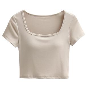 带胸垫方领短袖t恤女夏短款纯色紧身正肩露脐黑白色打底体恤上衣