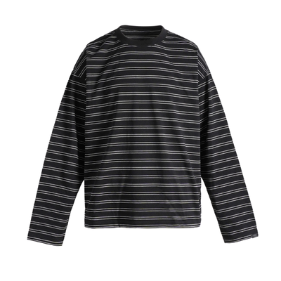 PMW纯棉条纹长袖T恤落肩宽松圆领耐磨抗皱复古通勤休闲打底衫上衣