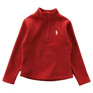 女童红色卫衣加绒半拉链打底衫冬儿童加厚保暖内搭上衣马年新年服