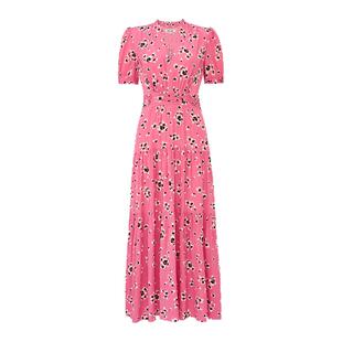 DVF2026春夏新款V领粉色度假风海岛花束绉纱碎花连衣裙DS1U027