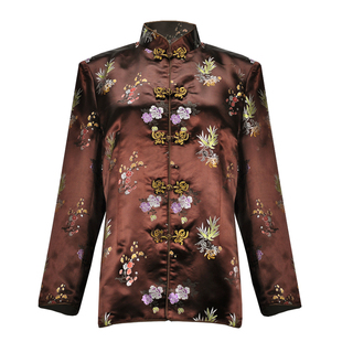 妈妈唐装棉袄桑蚕丝女装套装国风锦缎中式女士衣服缎面真丝外套