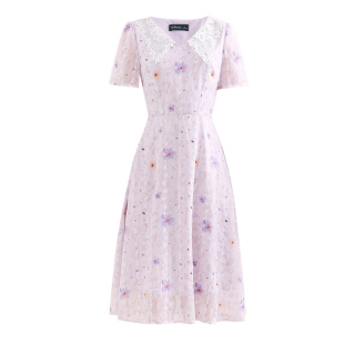 未风雪纺碎花紫色连衣裙女夏2026夏季新款娃娃领女装气质减龄裙子