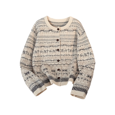 她池复古长袖圆领单排扣针织开衫