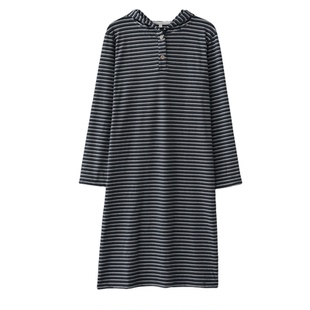 简约条纹连帽睡袍女秋冬季德绒保暖加绒长袖宽松家居服连衣裙睡裙
