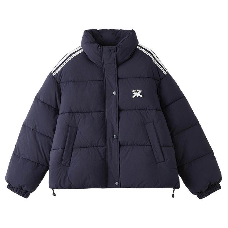 三福棉服女2025新款冬季蕾丝杠条棉衣立领宽松棉袄外套女装844715