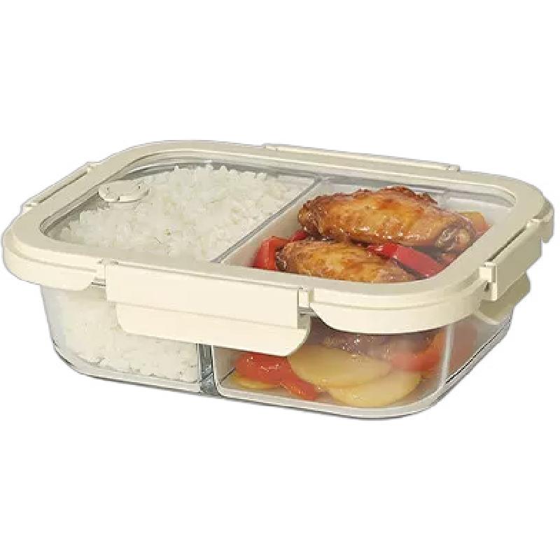 欣美雅保鲜盒三分格玻璃饭盒微波炉加热带饭餐盒食品级密封便当盒