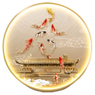 鲤鱼跃龙门玄关装饰画轻奢高级感九鱼图入户门客厅挂画圆形壁画灯