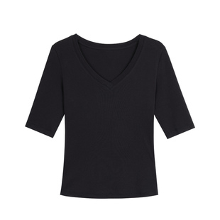 pusumede 多元穿搭 经典V领中袖T恤女百搭修身显瘦五分袖针织上衣