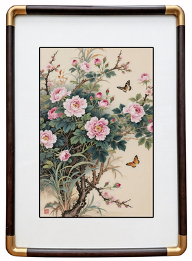 四九艺社 景德镇牡丹桃花蝶恋花瓷板画 新中式客厅玄关花鸟装饰画