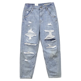 破洞潮流ABLE JEANS女牛仔裤春季高腰浅色哈伦裤老爹裤宽松牛子裤