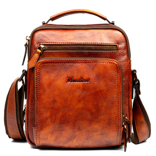 慢时光纯手工擦色头层牛皮单肩包竖款男包休闲真皮斜挎包复古潮包