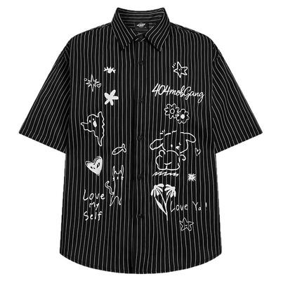 404MOB涂鸦印花条纹短袖衬衫男女2026夏季宽松潮牌翻领休闲情侣t