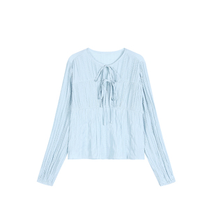 pusumede 氛围收割 法式蝴蝶结系带衬衫女气质温柔圆领长袖上衣
