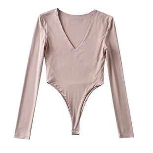 YoungGirlDay辣妹性感V领弹力紧身显瘦长袖纯色打底连体衣T恤上衣