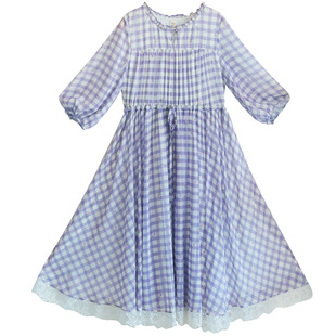 【夏日暮野】文艺方格子连衣裙女夏季灯笼袖碎花裙底摆蕾丝花边裙