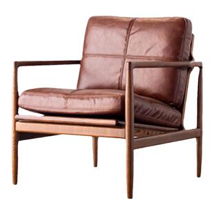 单人沙发椅汉克椅北欧侘寂风实木书房复古美式皮艺设计师真皮沙发