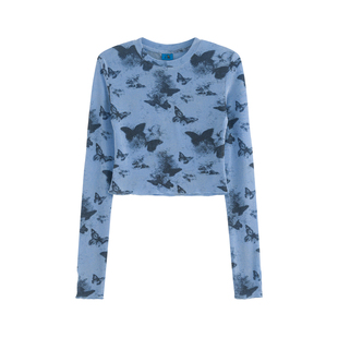 王润原创SOHANA2025蝴蝶印花3.0塑身长袖露脐T恤