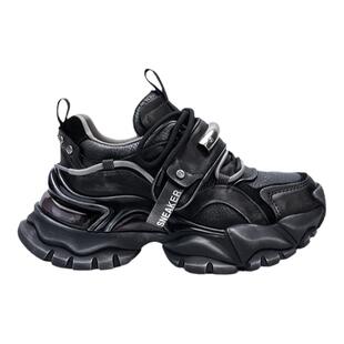 布曦薇2026新款厚底增高8cm真皮时尚黑色做旧休闲小个子老爹鞋女