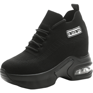 黑色运动鞋女款2025年春季新款胖脚宽脚软底软面舒适内增高女鞋子