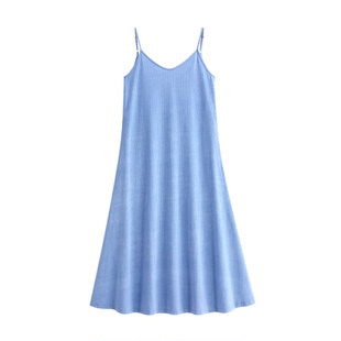 悦内带胸垫睡裙女款夏季纯棉吊带U领背心蓝色无袖睡衣裙子家居服