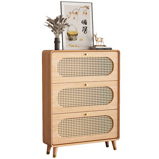 实木超薄藤编鞋柜家用门口简约现代入户翻斗门后窄版原木色玄关柜