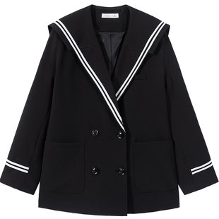 爱居兔秋季女装外套海军领双排扣撞色条纹小众时尚西服