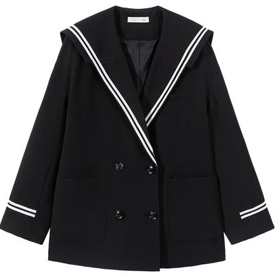 爱居兔秋季女装外套海军领双排扣撞色条纹小众时尚西服