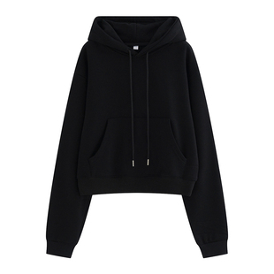 巨好看的黑色短款连帽卫衣女秋冬小个子加绒运动休闲套头宽松上衣