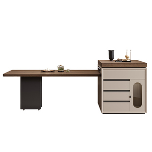 胡桃木纹色岩板岛台餐桌一体可伸缩多功能储物款极简实木高级倒台