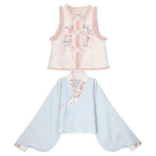 森女部落原创国风精致刺绣马甲加绒交领衬衫宽松套装两件套冬女装