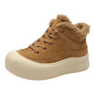 复古真皮厚底短靴女冬季新款纯色系带厚底高帮休闲鞋保底雪地棉靴