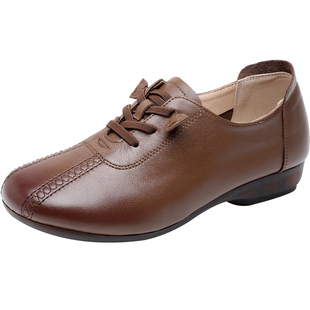 春季新款系鞋带小皮鞋女平底定型大码女鞋41一43牛筋底妈妈鞋超软