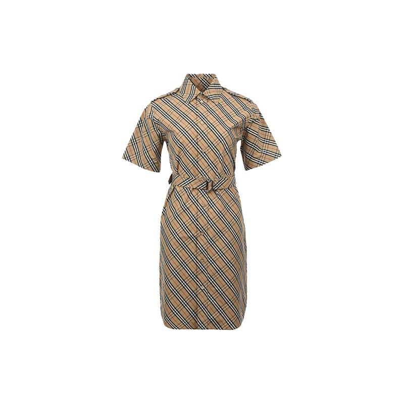 【自营】BURBERRY/博柏利腰带细节格纹系扣衬衫式短袖连衣裙短裙