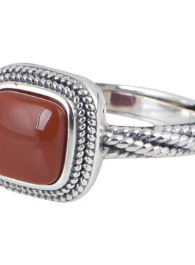 南红玛瑙银戒指复古工艺开口女款