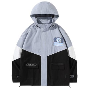 LAMLICKA撞色拼接立领连帽开衫外套男春夏季休闲防风工装夹克宽松