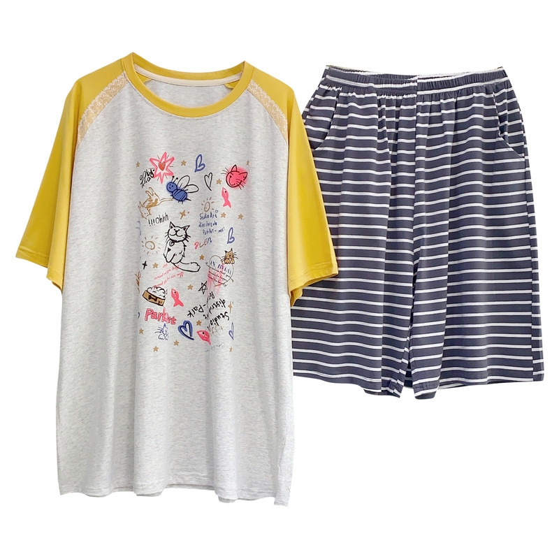 涂鸦卡通睡衣女夏季纯棉短袖短裤休闲宽松特大码胖MM家居服可外穿