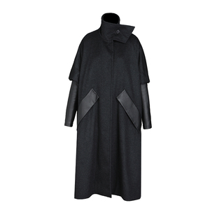 MIAHAN2025冬季新款宽松oversize酷感真皮拼接中长款羊毛羊绒大衣