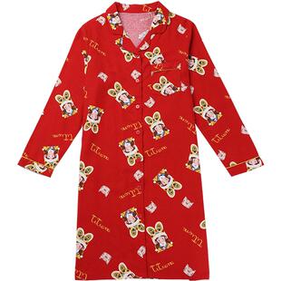 tutuanna秋冬睡衣女 红色本命年起毛布满印全棉家居服套装睡裙女