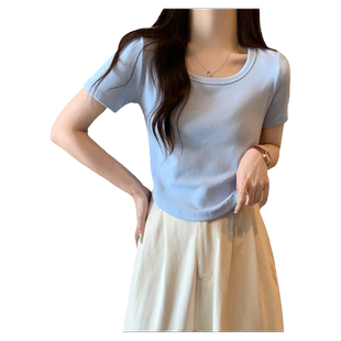 纯色简约方领正肩半袖T恤女夏天韩版百搭修身纯棉短款短袖上衣潮