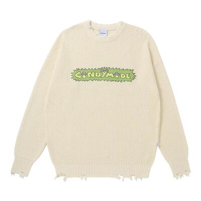 CANDYMADECandy World系列标语毛边黑白双色圆领宽松毛衣