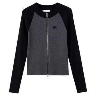 水云间黑色毛针织开衫外套女修身长袖上衣外搭双拉链2025秋季新款
