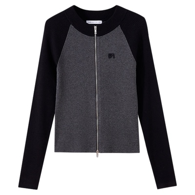 水云间黑色毛针织开衫外套女修身长袖上衣外搭双拉链2025秋季新款